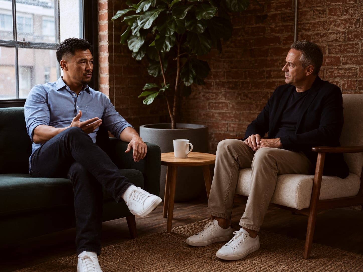 Two people in conversation on a sofa and armchair in a brick-walled office