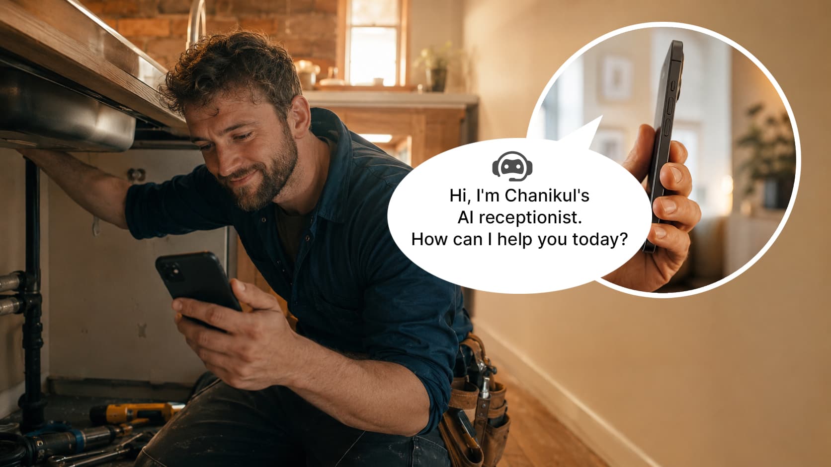 A UK tradesperson on the job, calmly checking their phone while Chanikul's AI receptionist handles a customer call for them.